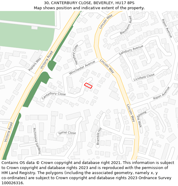 30, CANTERBURY CLOSE, BEVERLEY, HU17 8PS: Location map and indicative extent of plot