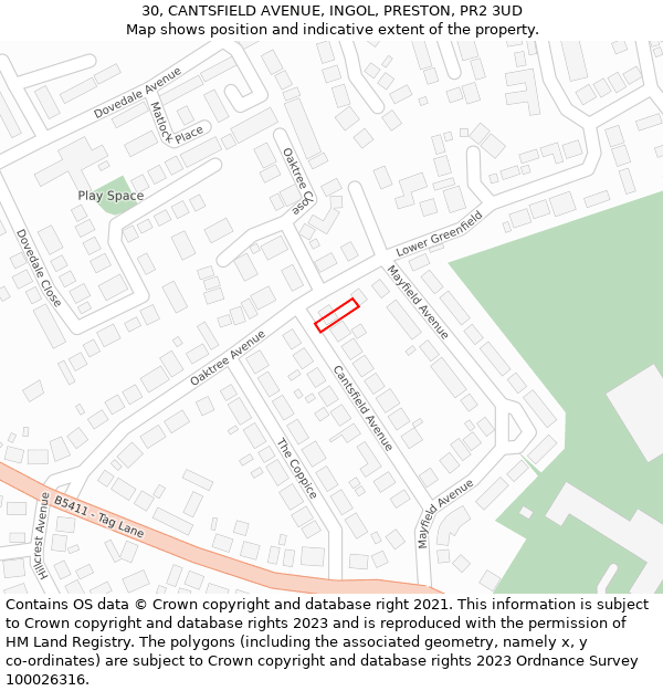 30, CANTSFIELD AVENUE, INGOL, PRESTON, PR2 3UD: Location map and indicative extent of plot