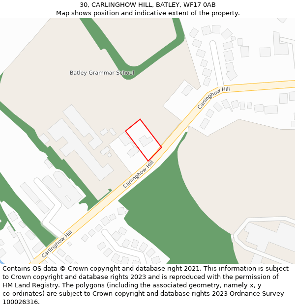 30, CARLINGHOW HILL, BATLEY, WF17 0AB: Location map and indicative extent of plot