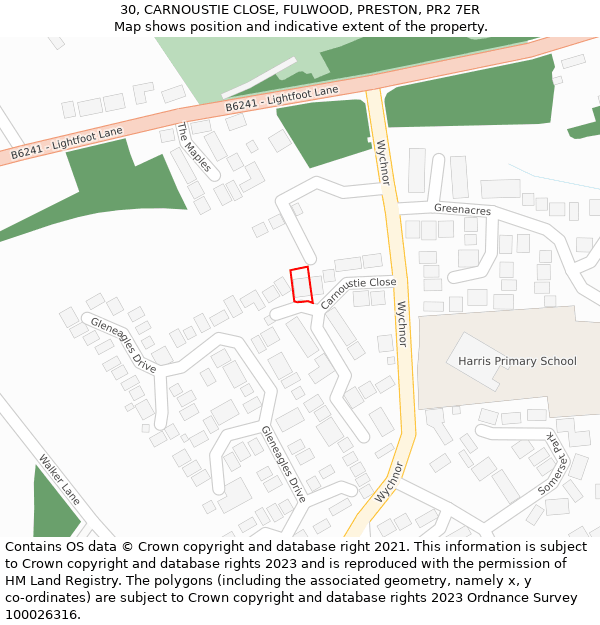 30, CARNOUSTIE CLOSE, FULWOOD, PRESTON, PR2 7ER: Location map and indicative extent of plot