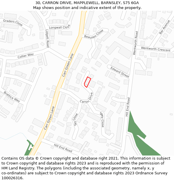 30, CARRON DRIVE, MAPPLEWELL, BARNSLEY, S75 6GA: Location map and indicative extent of plot