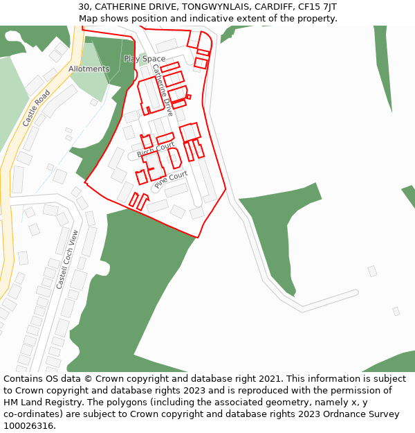 30, CATHERINE DRIVE, TONGWYNLAIS, CARDIFF, CF15 7JT: Location map and indicative extent of plot