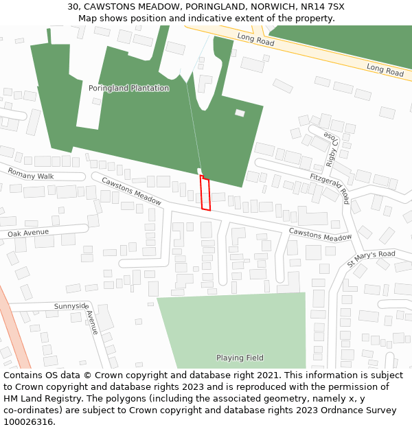 30, CAWSTONS MEADOW, PORINGLAND, NORWICH, NR14 7SX: Location map and indicative extent of plot