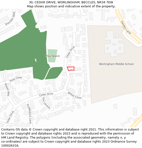 30, CEDAR DRIVE, WORLINGHAM, BECCLES, NR34 7EW: Location map and indicative extent of plot