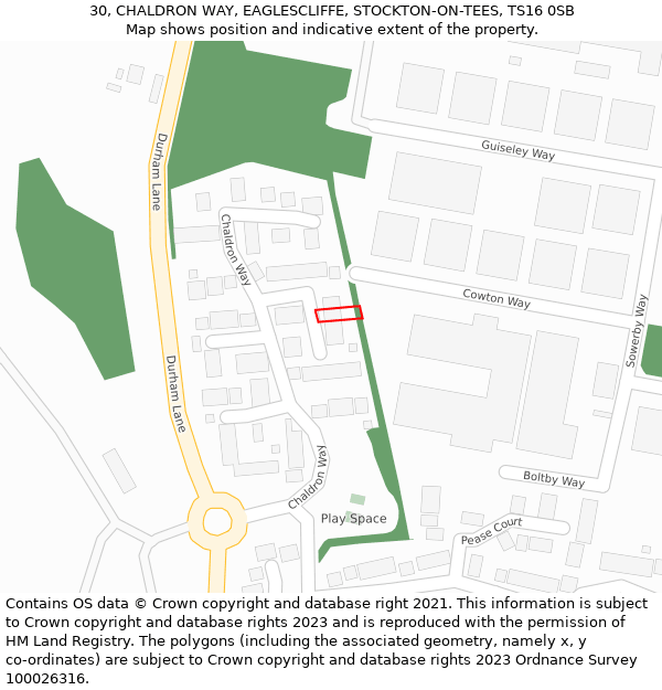 30, CHALDRON WAY, EAGLESCLIFFE, STOCKTON-ON-TEES, TS16 0SB: Location map and indicative extent of plot