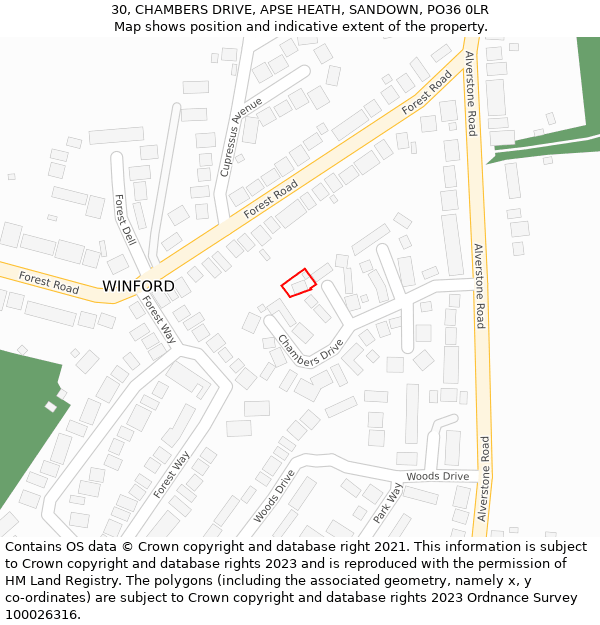 30, CHAMBERS DRIVE, APSE HEATH, SANDOWN, PO36 0LR: Location map and indicative extent of plot