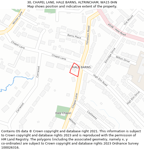 30, CHAPEL LANE, HALE BARNS, ALTRINCHAM, WA15 0HN: Location map and indicative extent of plot