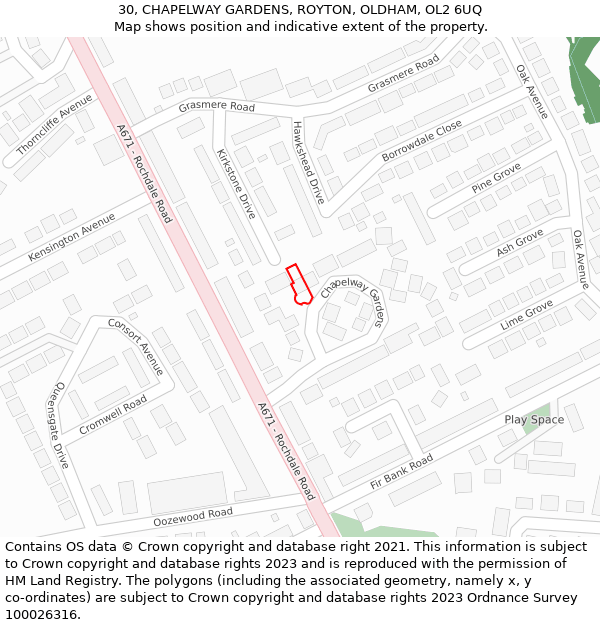 30, CHAPELWAY GARDENS, ROYTON, OLDHAM, OL2 6UQ: Location map and indicative extent of plot