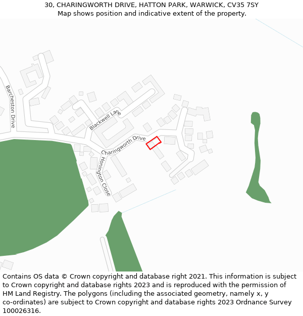 30, CHARINGWORTH DRIVE, HATTON PARK, WARWICK, CV35 7SY: Location map and indicative extent of plot