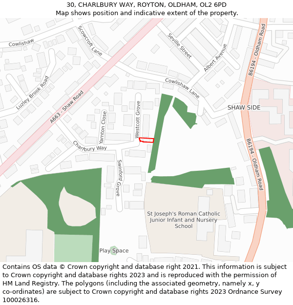 30, CHARLBURY WAY, ROYTON, OLDHAM, OL2 6PD: Location map and indicative extent of plot