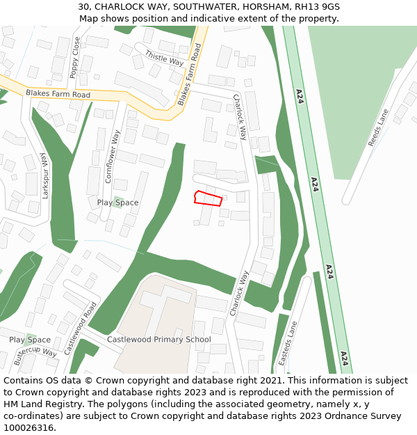 30, CHARLOCK WAY, SOUTHWATER, HORSHAM, RH13 9GS: Location map and indicative extent of plot