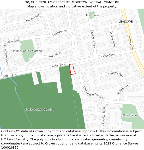 30, CHELTENHAM CRESCENT, MORETON, WIRRAL, CH46 1PU: Location map and indicative extent of plot