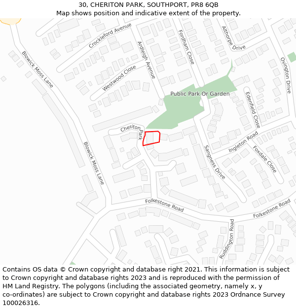 30, CHERITON PARK, SOUTHPORT, PR8 6QB: Location map and indicative extent of plot