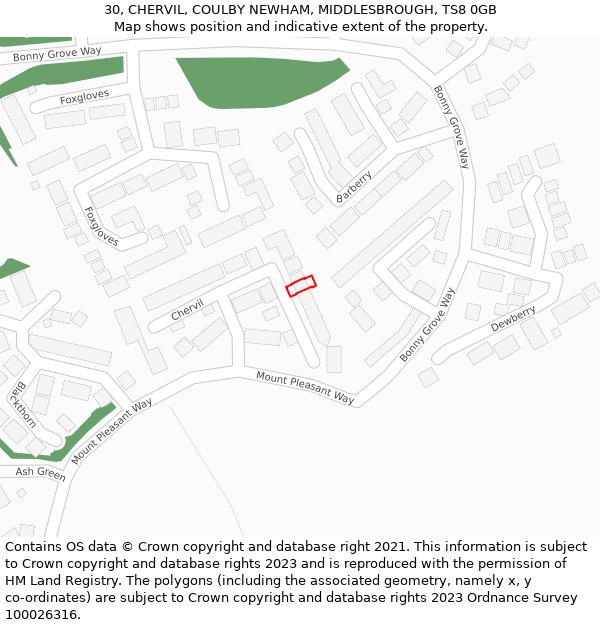 30, CHERVIL, COULBY NEWHAM, MIDDLESBROUGH, TS8 0GB: Location map and indicative extent of plot