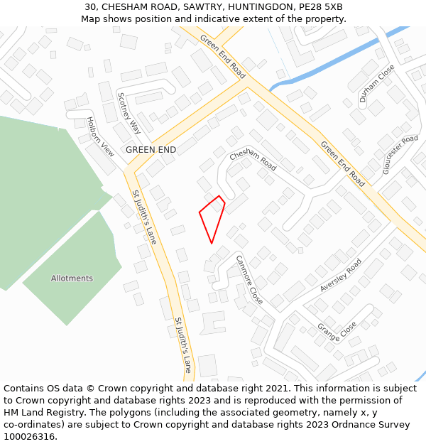 30, CHESHAM ROAD, SAWTRY, HUNTINGDON, PE28 5XB: Location map and indicative extent of plot