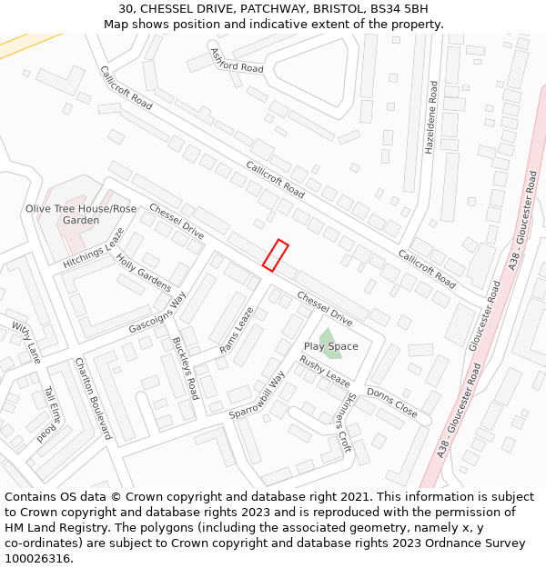 30, CHESSEL DRIVE, PATCHWAY, BRISTOL, BS34 5BH: Location map and indicative extent of plot