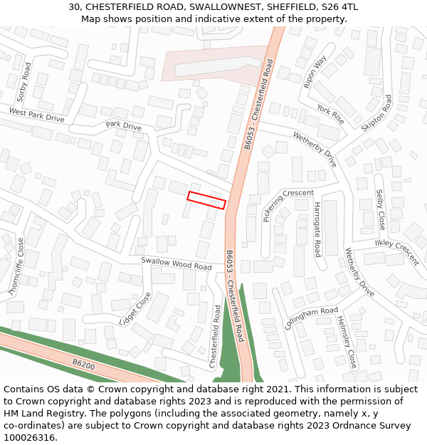 30, CHESTERFIELD ROAD, SWALLOWNEST, SHEFFIELD, S26 4TL: Location map and indicative extent of plot