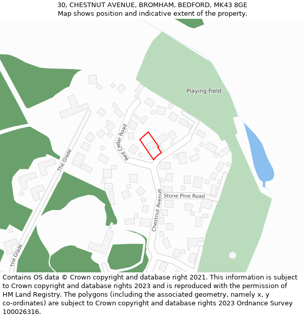 30, CHESTNUT AVENUE, BROMHAM, BEDFORD, MK43 8GE: Location map and indicative extent of plot