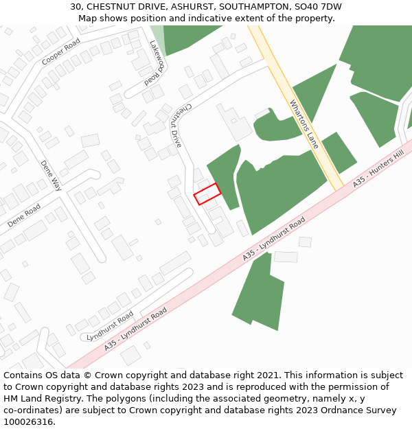 30, CHESTNUT DRIVE, ASHURST, SOUTHAMPTON, SO40 7DW: Location map and indicative extent of plot