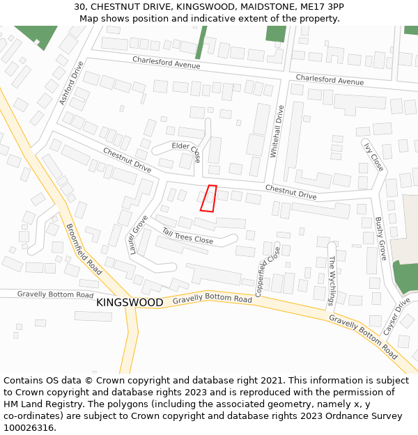 30, CHESTNUT DRIVE, KINGSWOOD, MAIDSTONE, ME17 3PP: Location map and indicative extent of plot