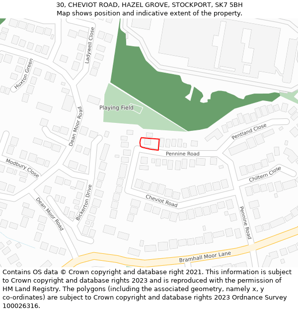 30, CHEVIOT ROAD, HAZEL GROVE, STOCKPORT, SK7 5BH: Location map and indicative extent of plot