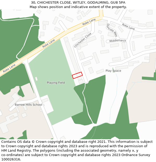 30, CHICHESTER CLOSE, WITLEY, GODALMING, GU8 5PA: Location map and indicative extent of plot