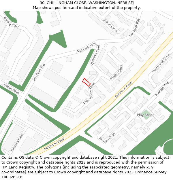 30, CHILLINGHAM CLOSE, WASHINGTON, NE38 8FJ: Location map and indicative extent of plot