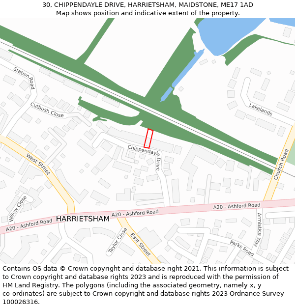 30, CHIPPENDAYLE DRIVE, HARRIETSHAM, MAIDSTONE, ME17 1AD: Location map and indicative extent of plot