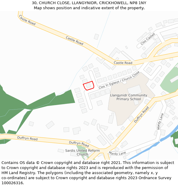 30, CHURCH CLOSE, LLANGYNIDR, CRICKHOWELL, NP8 1NY: Location map and indicative extent of plot