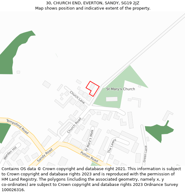 30, CHURCH END, EVERTON, SANDY, SG19 2JZ: Location map and indicative extent of plot
