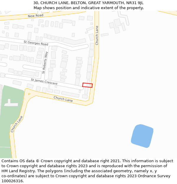 30, CHURCH LANE, BELTON, GREAT YARMOUTH, NR31 9JL: Location map and indicative extent of plot