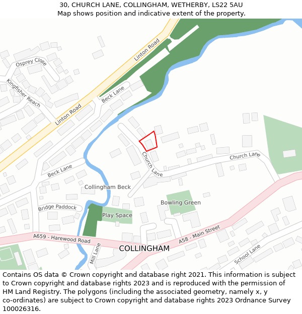 30, CHURCH LANE, COLLINGHAM, WETHERBY, LS22 5AU: Location map and indicative extent of plot