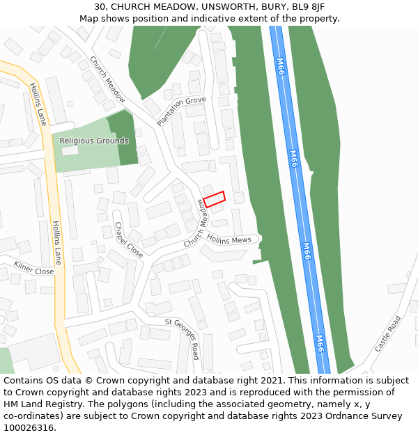 30, CHURCH MEADOW, UNSWORTH, BURY, BL9 8JF: Location map and indicative extent of plot