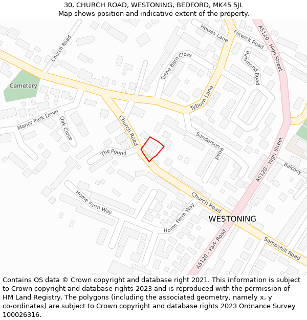 30, CHURCH ROAD, WESTONING, BEDFORD, MK45 5JL: Location map and indicative extent of plot
