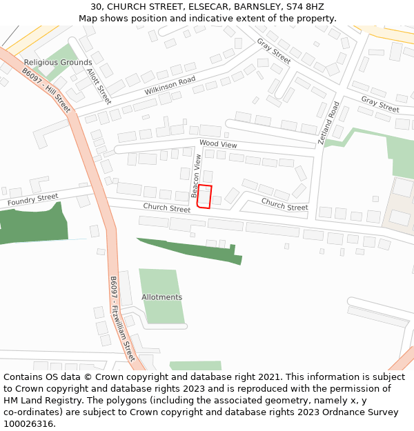 30, CHURCH STREET, ELSECAR, BARNSLEY, S74 8HZ: Location map and indicative extent of plot