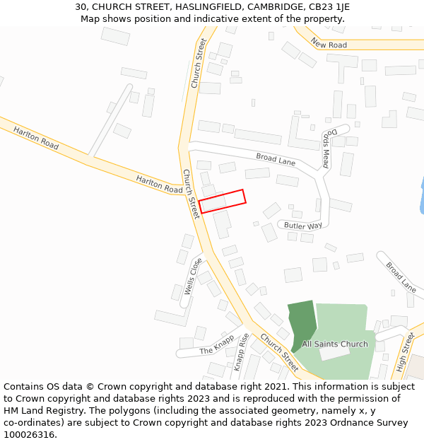 30, CHURCH STREET, HASLINGFIELD, CAMBRIDGE, CB23 1JE: Location map and indicative extent of plot