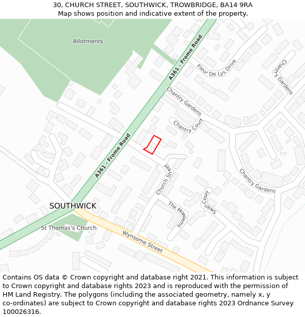 30, CHURCH STREET, SOUTHWICK, TROWBRIDGE, BA14 9RA: Location map and indicative extent of plot