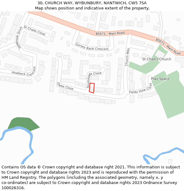 30, CHURCH WAY, WYBUNBURY, NANTWICH, CW5 7SA: Location map and indicative extent of plot