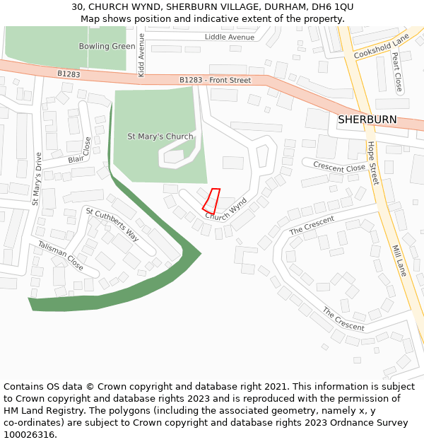 30, CHURCH WYND, SHERBURN VILLAGE, DURHAM, DH6 1QU: Location map and indicative extent of plot