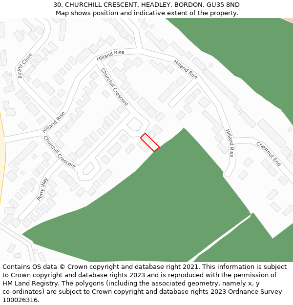 30, CHURCHILL CRESCENT, HEADLEY, BORDON, GU35 8ND: Location map and indicative extent of plot