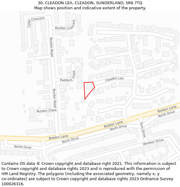 30, CLEADON LEA, CLEADON, SUNDERLAND, SR6 7TQ: Location map and indicative extent of plot