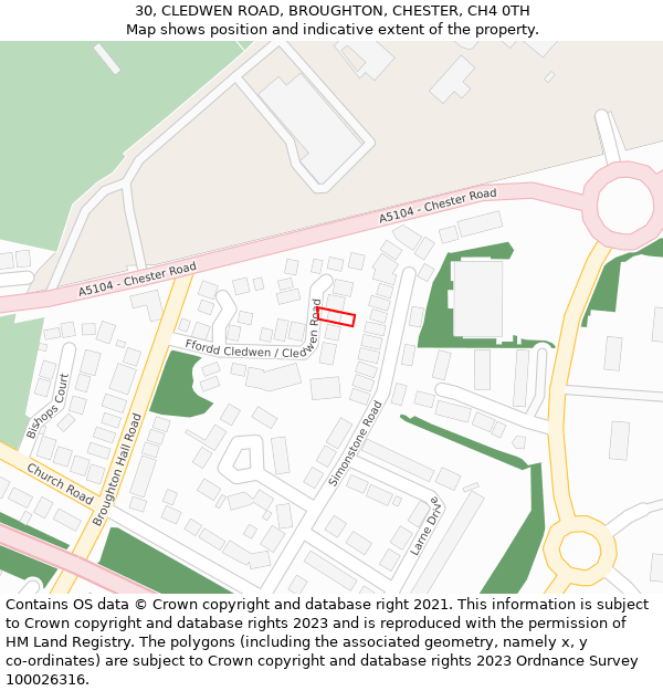 30, CLEDWEN ROAD, BROUGHTON, CHESTER, CH4 0TH: Location map and indicative extent of plot