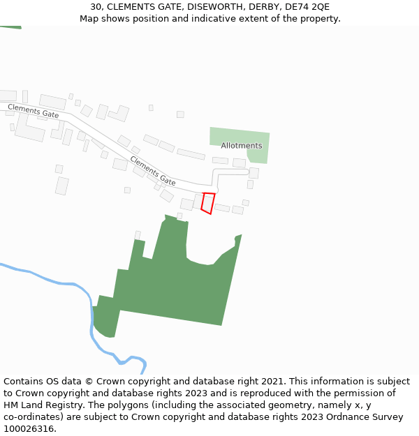 30, CLEMENTS GATE, DISEWORTH, DERBY, DE74 2QE: Location map and indicative extent of plot