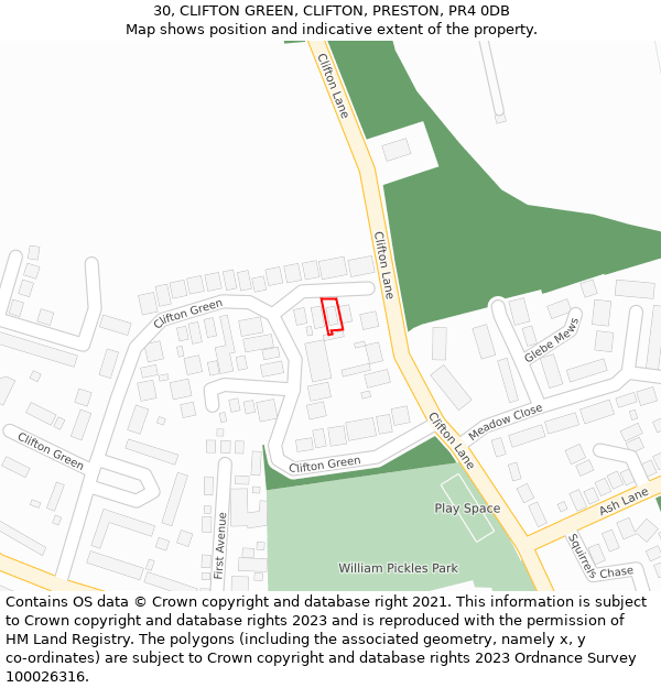 30, CLIFTON GREEN, CLIFTON, PRESTON, PR4 0DB: Location map and indicative extent of plot