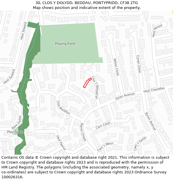 30, CLOS Y DOLYDD, BEDDAU, PONTYPRIDD, CF38 2TG: Location map and indicative extent of plot