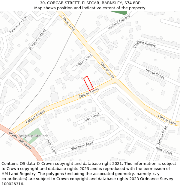 30, COBCAR STREET, ELSECAR, BARNSLEY, S74 8BP: Location map and indicative extent of plot