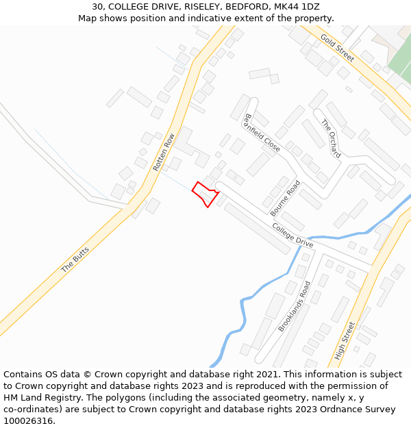 30, COLLEGE DRIVE, RISELEY, BEDFORD, MK44 1DZ: Location map and indicative extent of plot