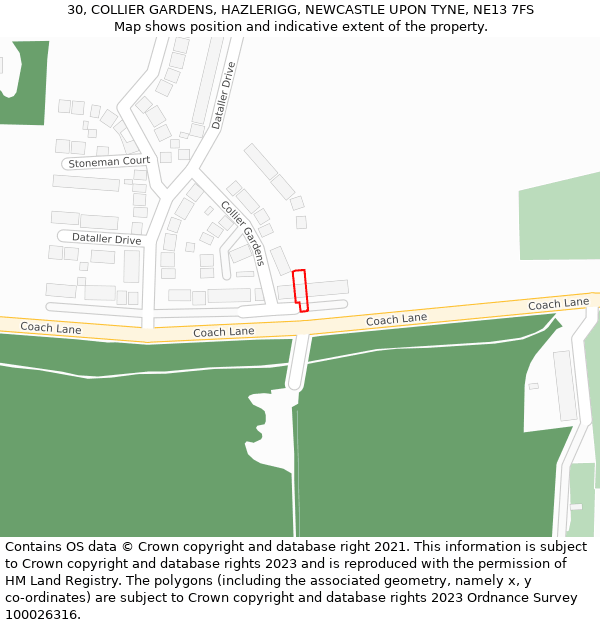 30, COLLIER GARDENS, HAZLERIGG, NEWCASTLE UPON TYNE, NE13 7FS: Location map and indicative extent of plot