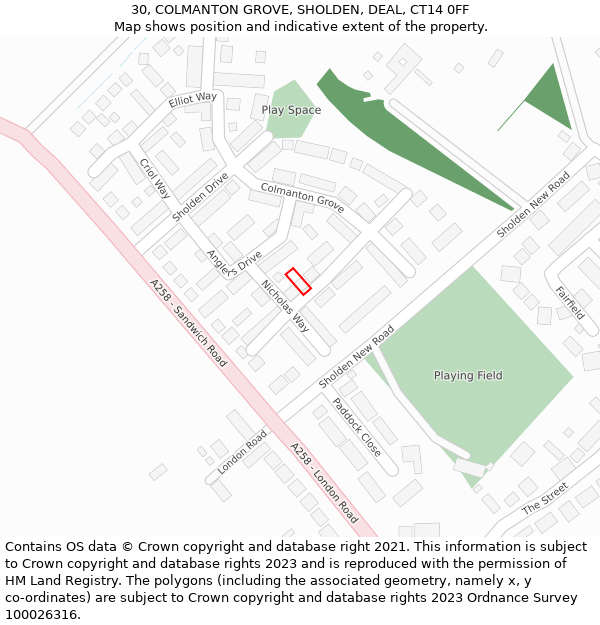 30, COLMANTON GROVE, SHOLDEN, DEAL, CT14 0FF: Location map and indicative extent of plot