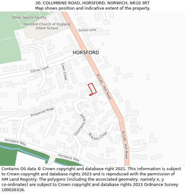 30, COLUMBINE ROAD, HORSFORD, NORWICH, NR10 3RT: Location map and indicative extent of plot